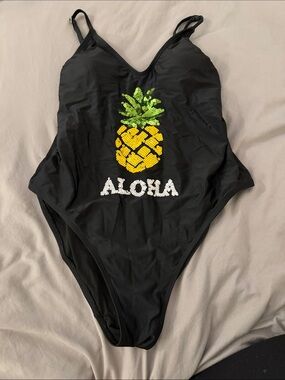 Xhilaration Black One-Piece Swimsuit with Yellow & Green Pineapple